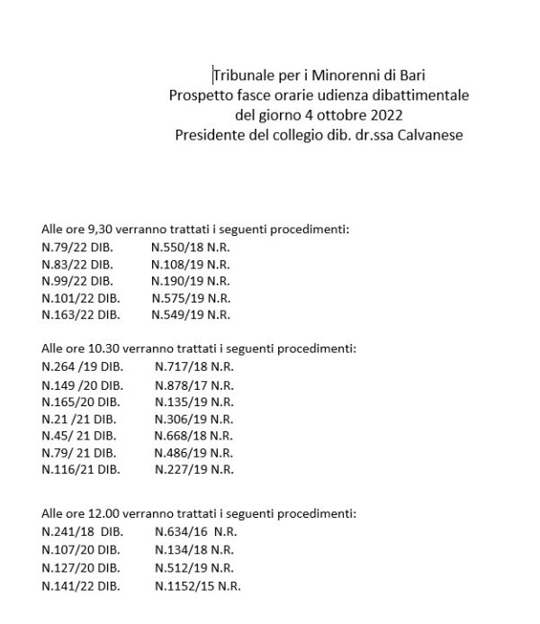TRIBUNALE PER I MINORENNI DI BARI UDIENZA DIBATTIMENTALE DEL 4 OTTOBRE